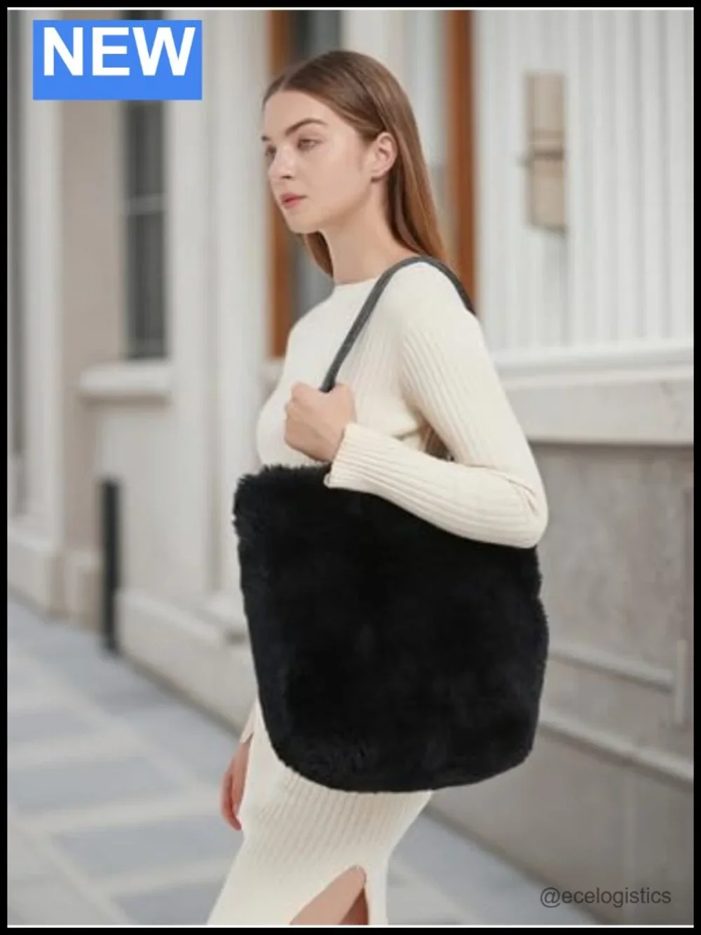Lamb Shearling Tote Bag with Calfskin Leather Shoulder Straps, Fur Purse